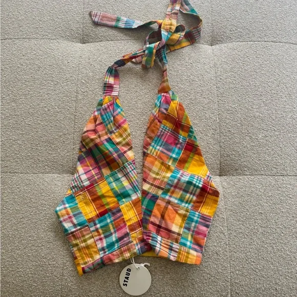NWT STAUD X BIRKENSTOCK KAI PATCHWORK PLAID COTTON HALTER TOP- SIZE 00